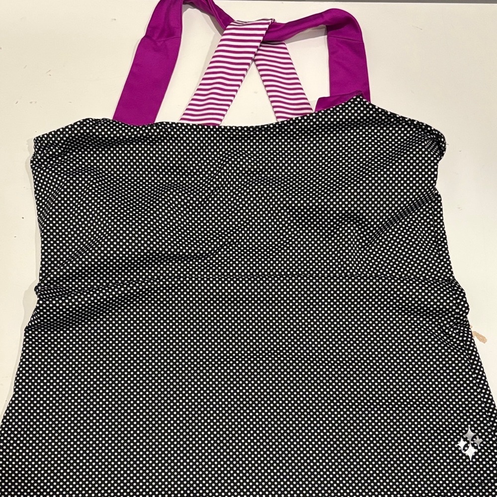 Jofit women’s Black and White Polka Dot Tank top with Purple straps
